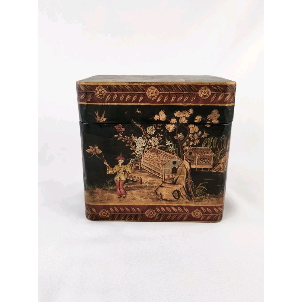 Vintage Wood English Victorian Chinoiserie Decorated Box Japanned 5 Lb Box Tea